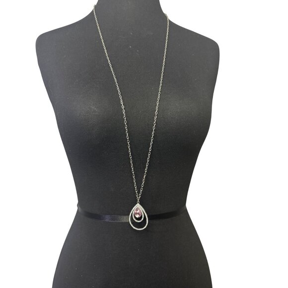 Teardrop Pendant Necklace Silver Chain Pink Gemstone Crystal Rhinestones 36 Inch - Picture 1 of 4